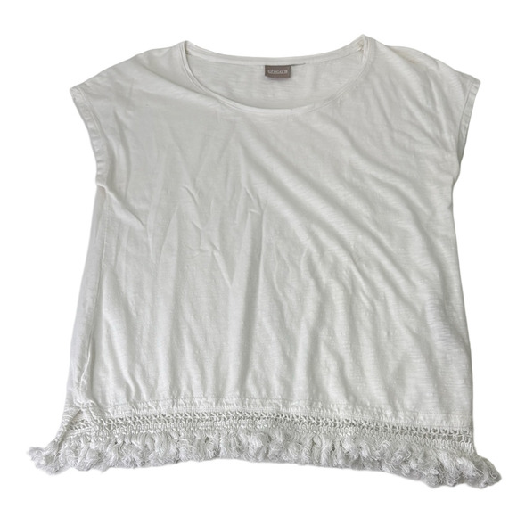 Chico's White Ruffled Short Sleeve Tee with Fringe - Picture 1 of 10